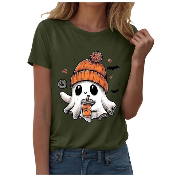 Kogui Witch Shirts for Women Halloween Shirts for Women Oversized Ghost Reading Books T-Shirt Cute Spooky Bookish Short Sleeve Tee Tops (AG,L)