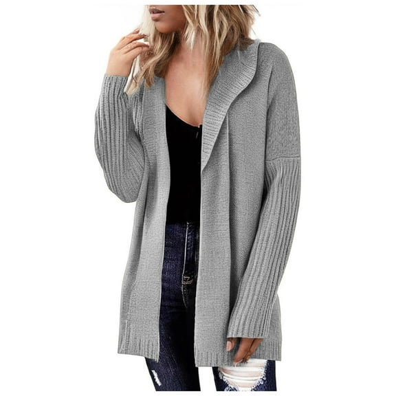 Kogui Women 2025 Fall Outfits Open Front Long Sleeve Hooded Knit Cardigan Sweaters Solid Color Outwear Coats (Grey,M)