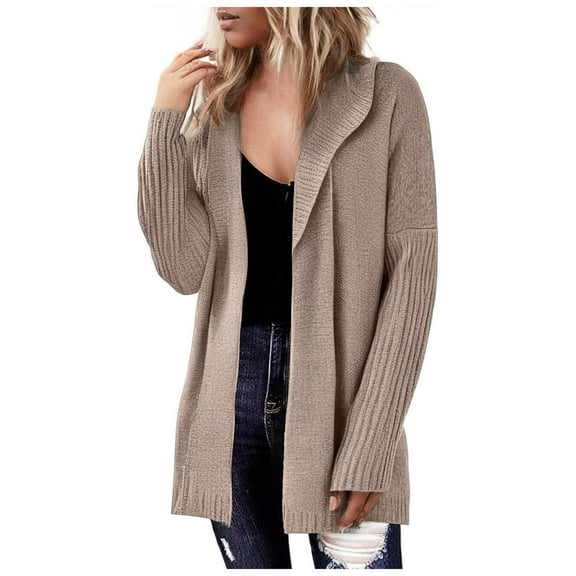Kogui Women 2025 Fall Outfits Open Front Long Sleeve Hooded Knit Cardigan Sweaters Solid Color Outwear Coats (Khaki,S)