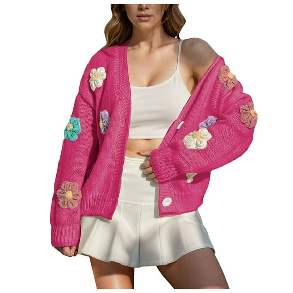 Kogui Women's 2025 Winter Cardigan Floral Sweaters Trendy Chunky Knit Long Sleeve Button Up Casual Warm Fall Jackets Coats (Hot Pink,S)