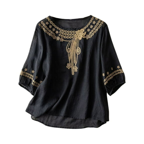 Kogui Women's Blouses Linen Tops for Women 3/4 Sleeve Summer Boho Peasant Blouses Dressy Casual Bohemian Tunic Shirts (Black,XXL)