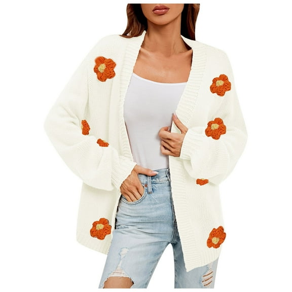 Kogui Women's Floral Cardigan Sweaters 2025 Trendy Fashion Button Down Long Sleeve Casual Coat (White,S)
