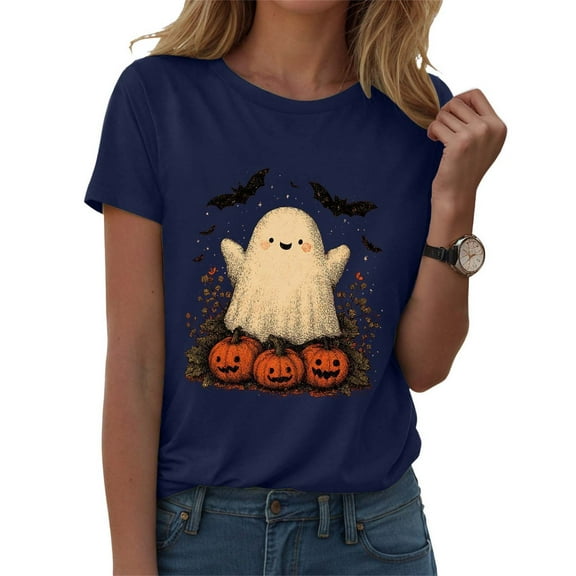 Kogui Women's Halloween Ghost Shirt Halloween Tshirt Women Pumpkin Graphic Tee Funny Fall Short Sleeve Tops Shirt (Navy,L)