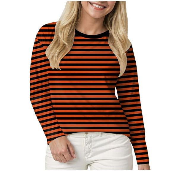 Kogui Women's Long Sleeve Tees Long Sleeve Shirts for Women Loose Fit Striped Casual Crew Neck Fall Tops Basic Tees 2025 Fashion (Coffee,XXXL)
