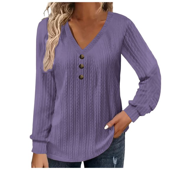 Kogui Women's Tops Casual V Neck Long Sleeve Waffle Knit Textured Lace Hollow Out Shirts Loose Tunic Tops Blouses (Purple,L)