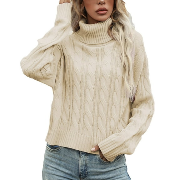 Kogui Women's Turtleneck Sweaters Cable Knit Long Sleeve Casual Slim Fit Pullover Fall Tops (Beige,S)