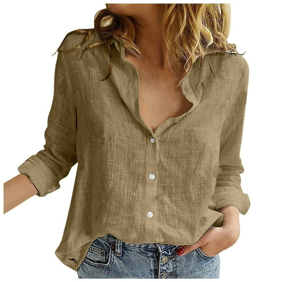 Kogui Womens Button Down Shirt Long Sleeve Linen Button up Shirts for Women Solid Color Casual Loose Long Sleeve Linen Shirt (Brown,XL)