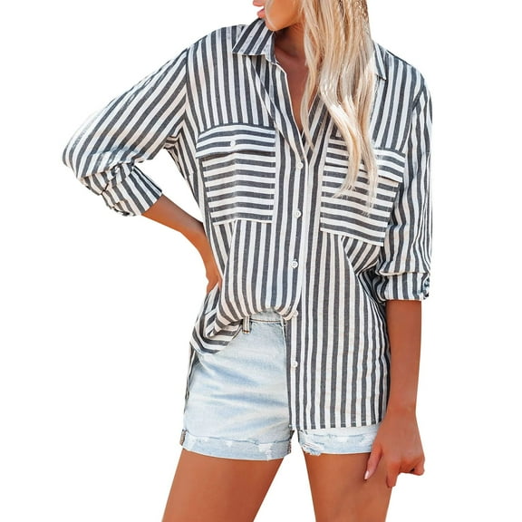 Kogui Womens Button Down Shirt Women's Striped Button Down Shirts Casual Long Sleeve Stylish V Neck Blouses Tops with Pockets (Black,M)