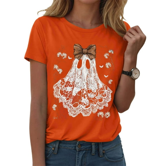 Kogui Womens Halloween Pumpkin Shirts Halloween Shirts for Women Oversized Spooky Shirt Cute Ghost Graphic Tee Halloween (Orange,XL)