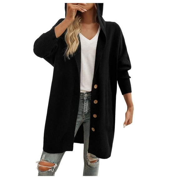 Kogui Womens Long Cardigans Cable Knitted Open Front Oversized Hooded Outerwear Sweater Coat (Black,L)