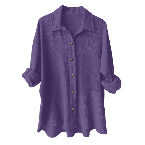 Kogui Womens Shirts Dressy Casual Womens Cotton Linen Button Down Shirt 2024 Spring Casual Long Sleeve Solid Color Shirts Loose Work Tops with Pockets (Purple,S)