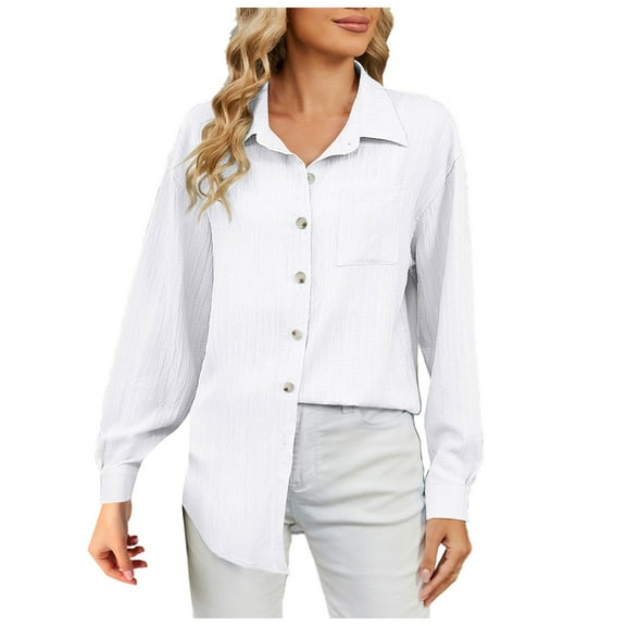 Kogui Womens Shirts Dressy Women's Button Down Shirts Classic Fit Dress Shirt Work Business Casual Long Sleeve Blouse Tops (White,L)