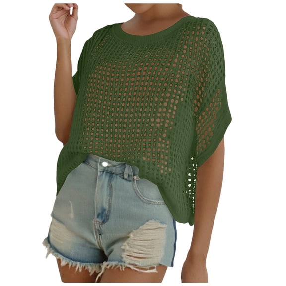 Kogui Womens Summer Scoop Neck Short Sleeve Sweater Casual Crochet Hollow Out Knit Tops Pullover Shirts Beach Coverup (AG,L)