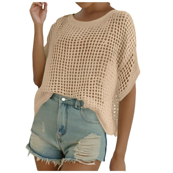 Kogui Womens Summer Scoop Neck Short Sleeve Sweater Casual Crochet Hollow Out Knit Tops Pullover Shirts Beach Coverup (Beige,S)