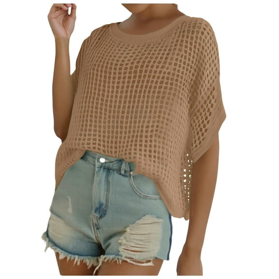 Kogui Womens Summer Scoop Neck Short Sleeve Sweater Casual Crochet Hollow Out Knit Tops Pullover Shirts Beach Coverup (Khaki,XXXL)