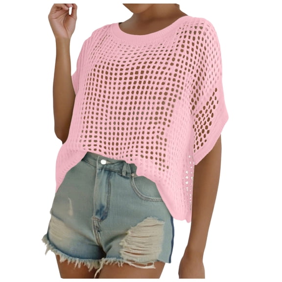 Kogui Womens Summer Scoop Neck Short Sleeve Sweater Casual Crochet Hollow Out Knit Tops Pullover Shirts Beach Coverup (Red,M)