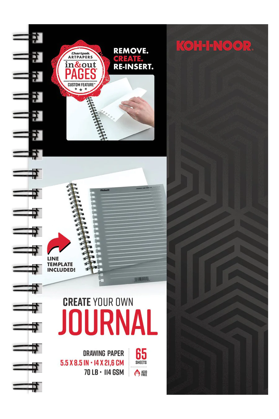 Koh-I-Noor 5.5" x 8.5" Create-Your-Own Journal with Line Template, Heavy Sketching Bright White Paper Pad with "In & Out" Pages, 70 lb. / 114 GSM, Side Wire-Bound, 65 Sheets/Pad, 1 Each