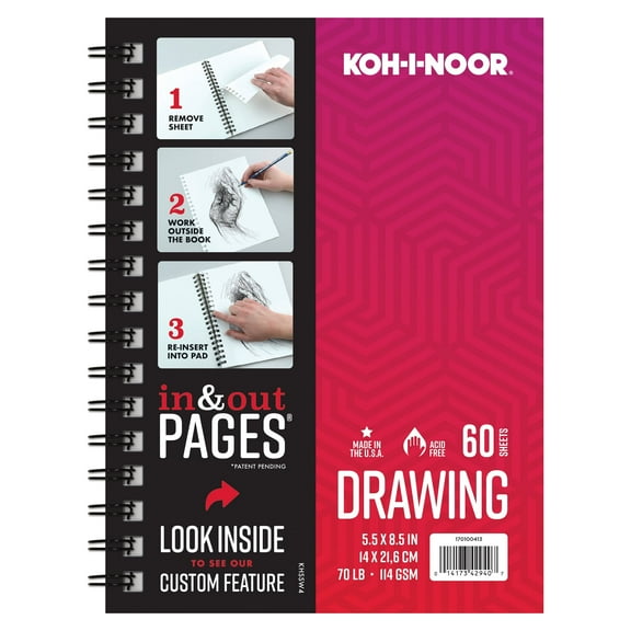 Koh-I-Noor 5.5" x 8.5" Drawing Paper Pad with In & Out Pages, 70 lb. / 144 GSM, Side Wire Bound, 60 Sheets/Pad, 1 Each