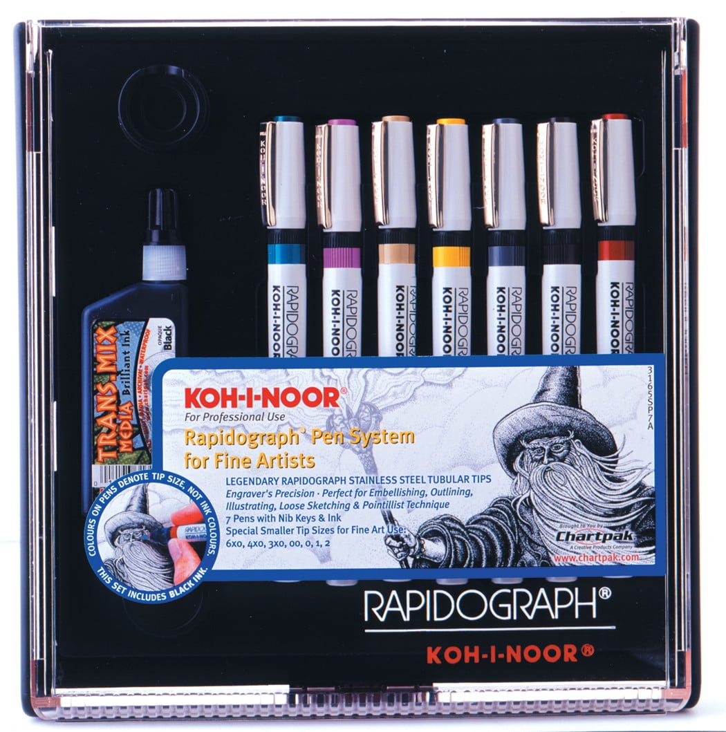 Koh-I-Noor Rapidograph Pen and Ink Set, 7 Assorted Pen Nibs and .75 oz.  Bottle of Ultradraw Black Ink in Revolving Caddy, 1 Set Each (31657.HRS)