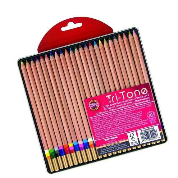 Koh-I-Noor Tri-Tone Multi-Colored Pencil Set, 24 Assorted Colors in Tin and B...