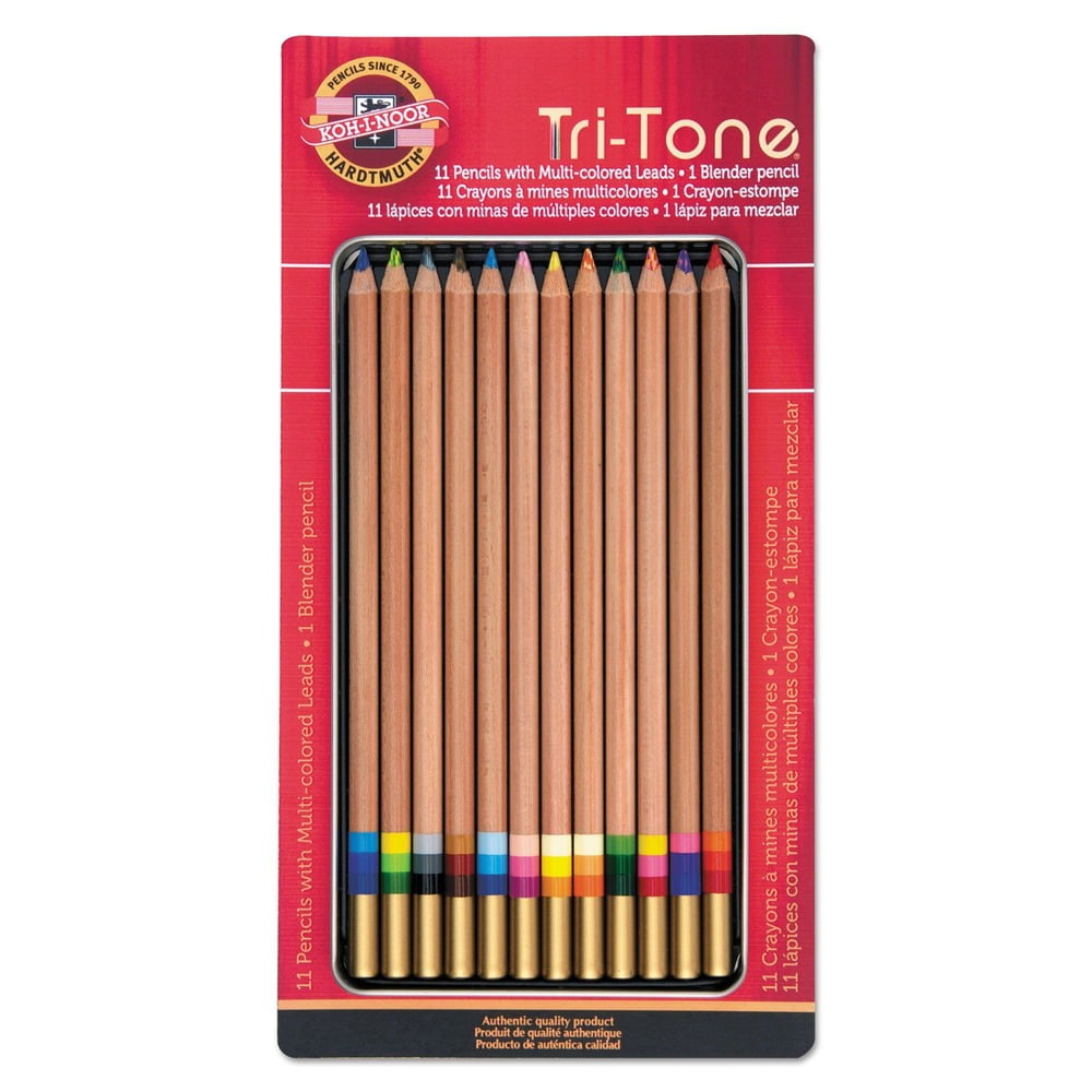 Koh-I-Noor Tri-Tone Multi-Colored Pencil Set, 12 Assorted Colors in Tin