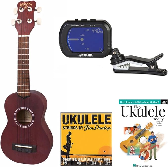 Kohala Soprano Kine'O Ukulele with Clip on Tuner and Soprano Ukulele Strings Accessory Bundle