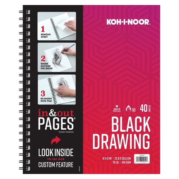 Kohinoor 9 x 12 inch Drawing Pad 70lb/104 GSM 40 Sheets Black Side Wire Bound Acid Free
