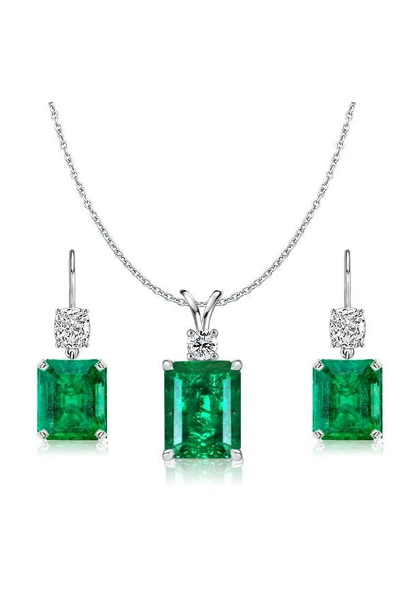Emerald Cut Emerald Necklace & Drop Earrings Set, 2.60 ct. t.w., Sterling Silver, 17 in, Box
