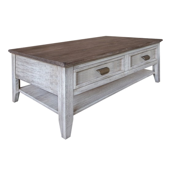 Kohl 50 Inch Coffee Table, Mango Wood, 4 Drawers, Open Shelf, Brown, White- Saltoro Sherpi