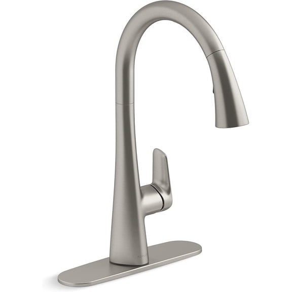 Pull-down kitchen sink faucet with three-function sprayhead and soap/lotion dispenser In Vibrant Stainless