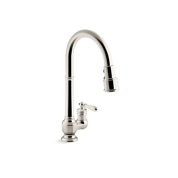 KOHLER K-99260-SN, Vibrant Polished Nickel Artifacts Single-Hole Kitchen Sink Faucet with 17-5/8 In. Pull-Down Spout and 3-Function Sprayhead, L 30.5" X 13.75" W X 3.5" H