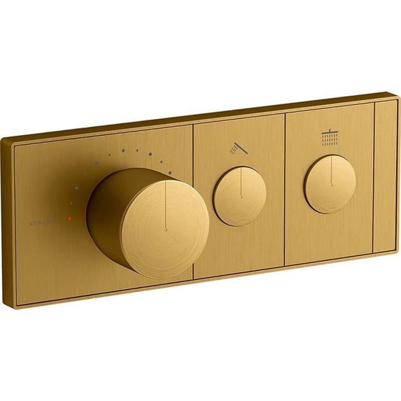 Kohler Anthem 2-Outlet Thermostatic Valve Control Panel with Recessed Push Buttons - Vibrant Brushed Moderne Brass