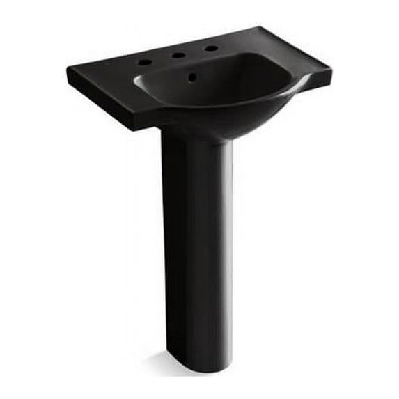 Kohler K-5266-8-7 24 in. Veer Pedestal Bathroom Sink with Widespread Faucet Holes, Black