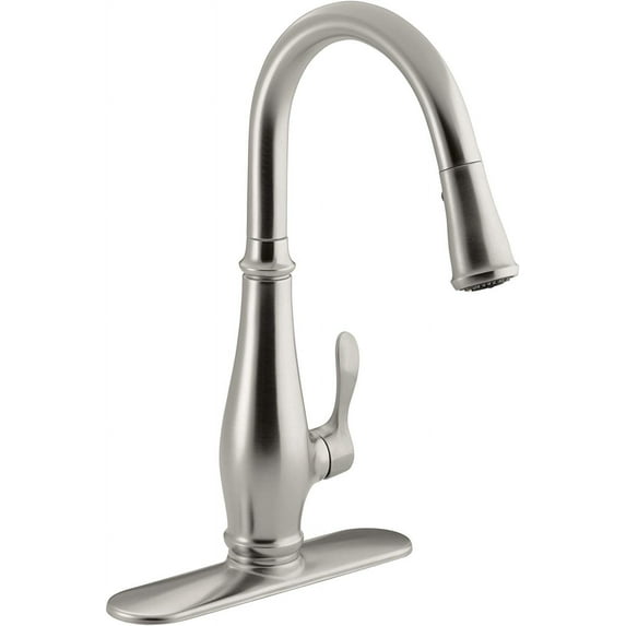 Kohler K-780-VS Cruette Pull-Down Kitchen Faucet, Vibrant Brushed Stainless, Single-Hole or Three-Hole Install, Single Handle, 3-function Spray Head, Sweep Spray and Docking Spray Head Technology
