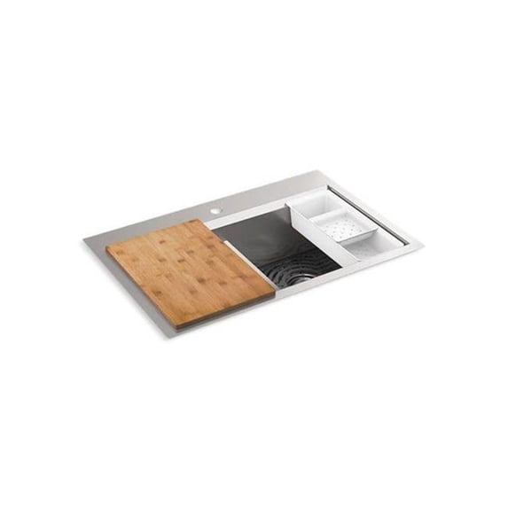 Kohler 80085-1PC-NA 33 x 22 in. Task Smart Divide Top-Mount & Undermount Double-Equal Workstation Kitchen Sink with Accessories - Stainless Steel