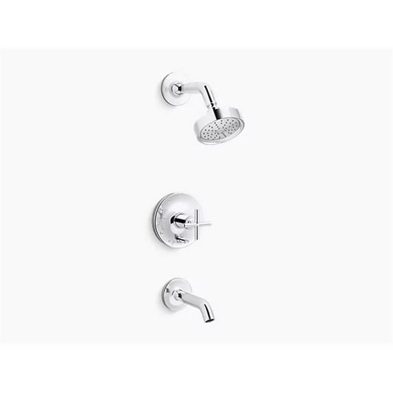 Kohler 35 deg Purist Rite-Temp Bath & Shower Trim with Cross Handle & 1.75 GPM Showerhead, Polished Chrome