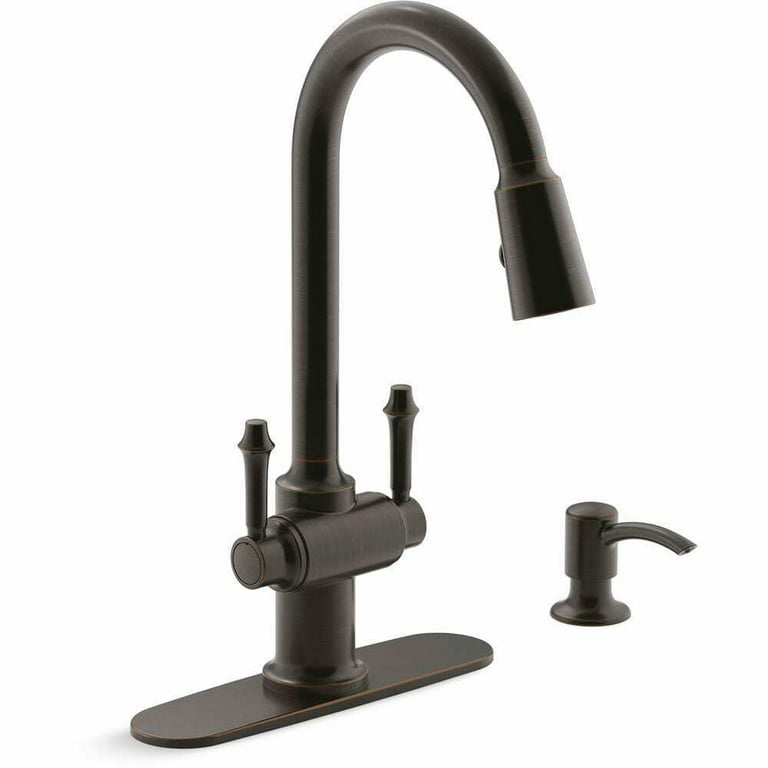 Thierry Two Handle Pull-Down Sprayer Kitchen Faucet with Soap Dispenser in Oil-Rubbed Bronze Thierry Two Handle Pull-Down Sprayer Kitchen Faucet with Soap Dispenser in Oil-Rubbed Bronze