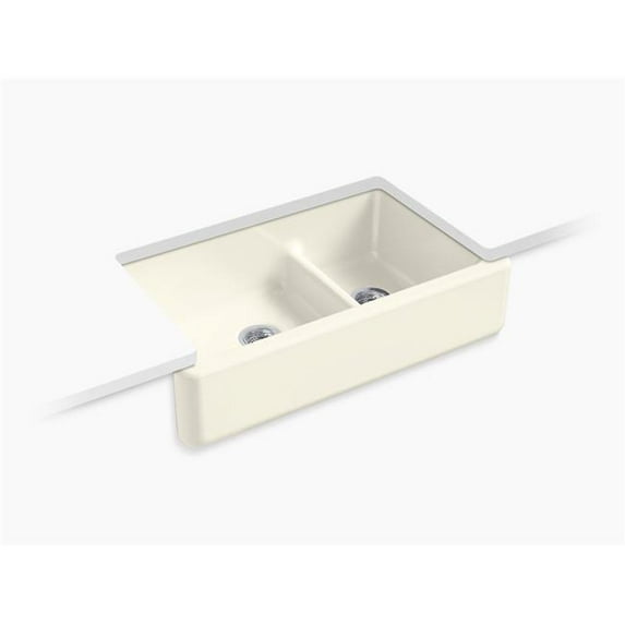 Kohler Whitehaven Smart Divide Undermount Double-Bowl Farmhouse Kitchen Sink with Tall Apron, Biscuit - Large & Medium