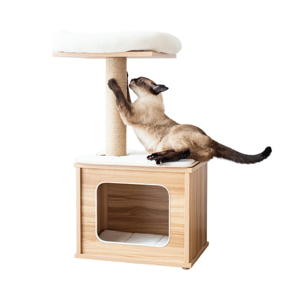 Kohola Bay 30 inch Wooden Small Cat Tree with Condo and Perch Jute Rope Scratching Post Cat Tower Removable Pads with Free Cat Teaser as Bonus