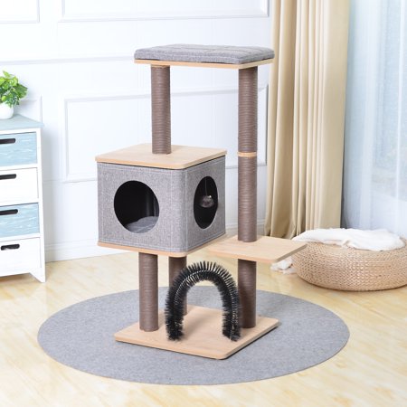 Kohola Bay 42 inch Gray Wooden Medium Cat Tree with Wooden Condo & Scratching Post & Grooming Brush & Plush Perch Medium Cat Tower with Free LED-Ball