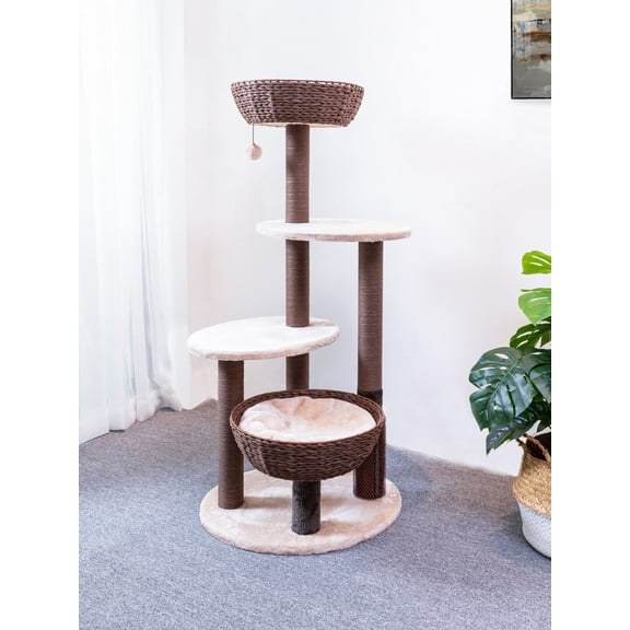Kohola Bay 49-inch Brown Large Cat Tree Stylish Natural & Authentic Handwoven, Eco-Friendly & Sustainable Handmade Cat Tower with Double Soft Plush-Padded Baskets Perches for Large Adult Cats