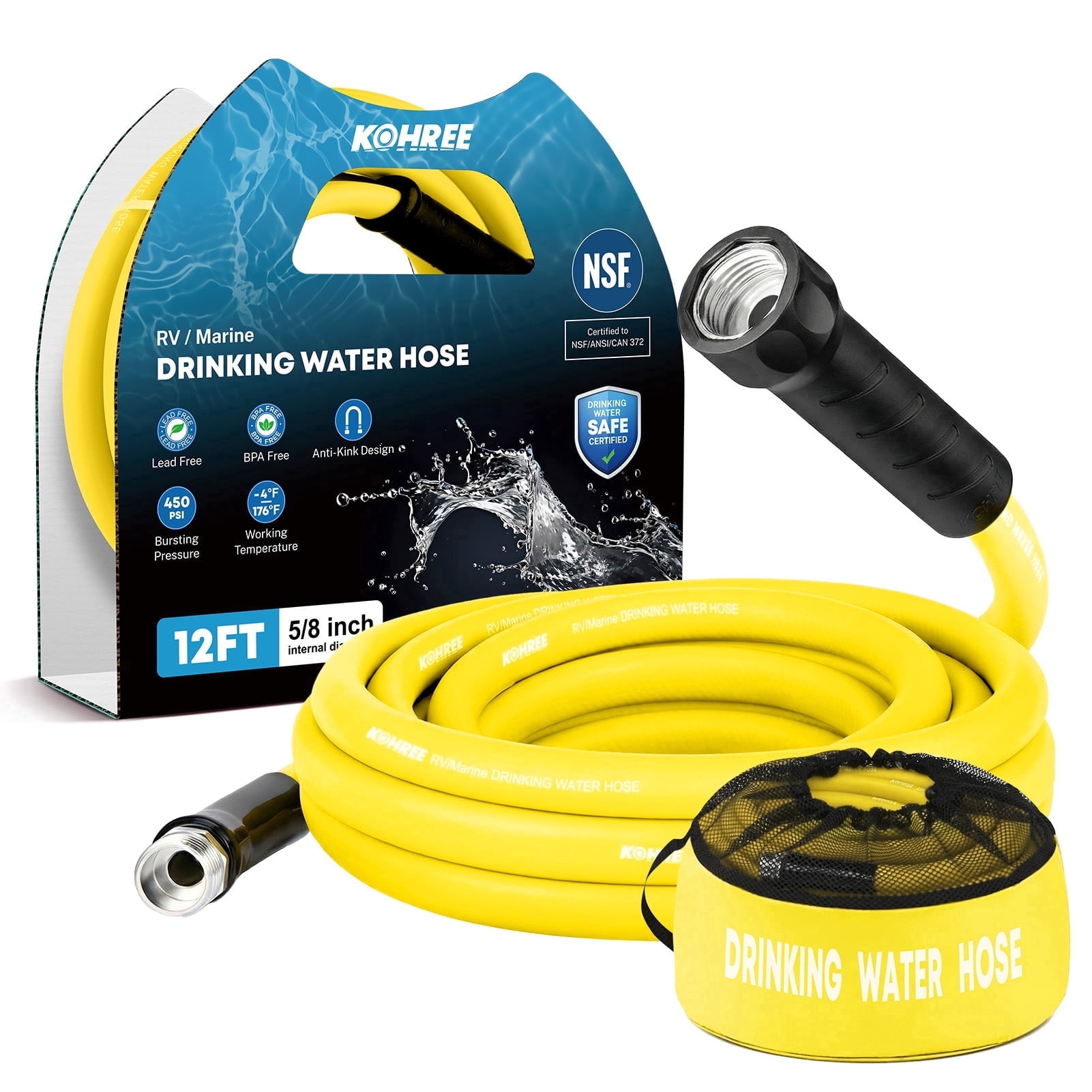 Kohree 12FT RV Water Hose – NSF Certified 5/8" Premium Drinking Water Hose, Safe & Lead-Free, No Kink and Flexible Garden Hose with Storage Bag for RV, Camper, Truck, Car, Yellow