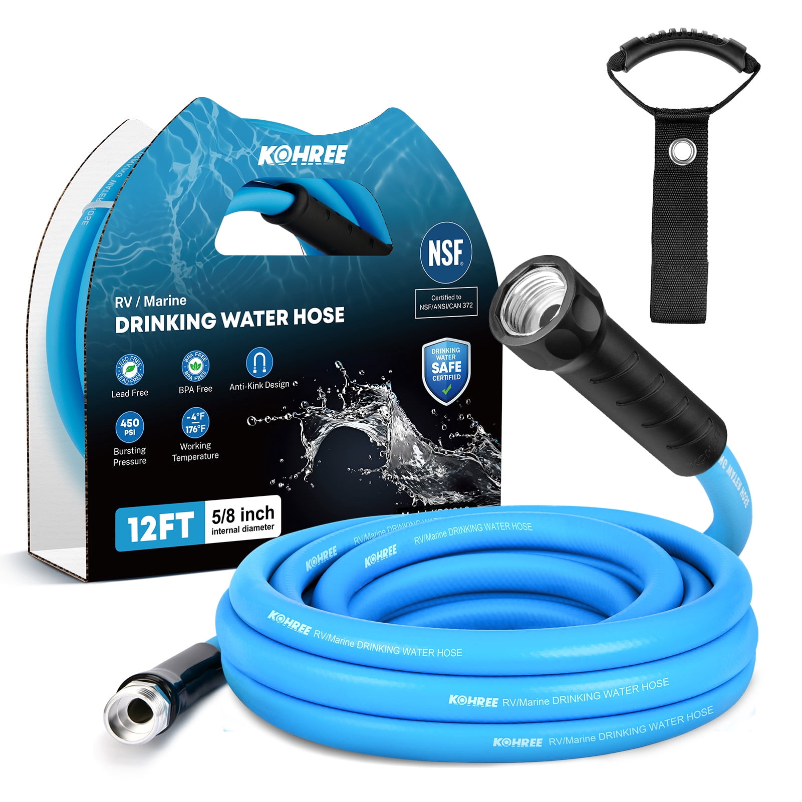 Kohree 12FT RV Water Hose – NSF Certified 5/8" Premium Drinking Water Hose, Safe & Lead-Free, No Kink and Flexible Garden Hose with Storage Bag for RV, Camper, Truck, Car, Blue