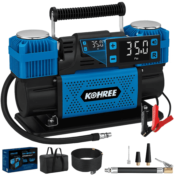 Kohree 12V Dual Cylinder Air Compressor w/LCD Control Panel ,150 PSI Heavy Duty Tire Air Pump with 12.35 ft³/Min Fast Tire Inflator for Offroad Truck, RV, 4x4 Vehicles