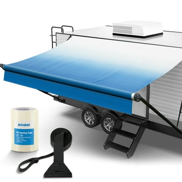 Kohree 14' RV Awning Fabric Replacement,19oz Heavy Duty Premium Grade Vinyl Fabric with Pull Strap for Camper, Trailer, Motorhome,Blue Fade (Fabric 13'2")