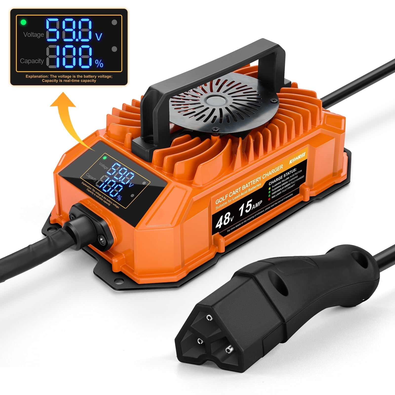 Kohree 48 Volts 15 AMP Golf Cart Battery Charger with Smart LCD Display 3-Pin (Delta-Q) Lead Acid for EZGO RXV & TXT