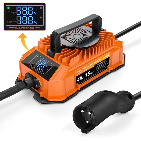 Kohree 48 Volts 15 AMP Golf Cart Battery Charger with Smart LCD Display 3-Pin Round Plug Lead Acid for Club Car