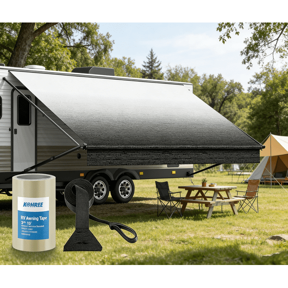 Kohree 16' RV Awning Fabric Replacement,19oz Heavy Duty Premium Grade Vinyl Fabric with Pull Strap for Camper, Trailer, Motorhome,Black Fade (Fabric 15'2")