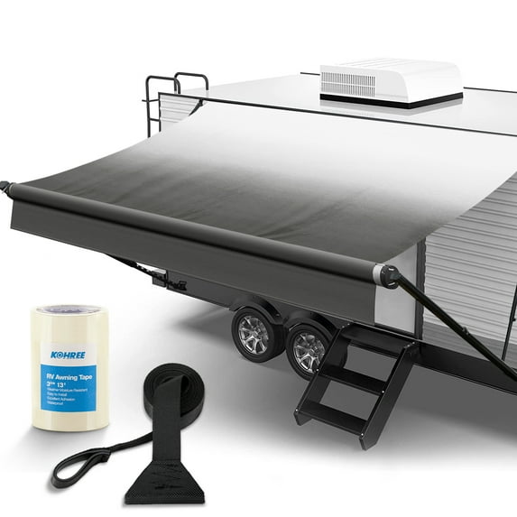 Kohree 17' RV Awning Fabric Replacement,19oz Heavy Duty Premium Grade Vinyl Fabric with Pull Strap for Camper, Trailer, Motorhome,Black Fade (Fabric 16'2")