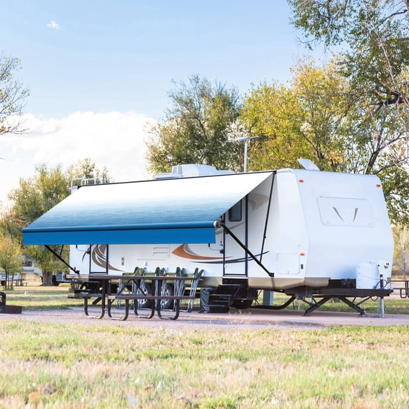 Kohree 18' RV Awning Fabric Replacement,19oz Heavy Duty Premium Grade Vinyl Fabric with Pull Strap for Camper, Trailer, Motorhome,Blue Fade (Fabric 17'2")